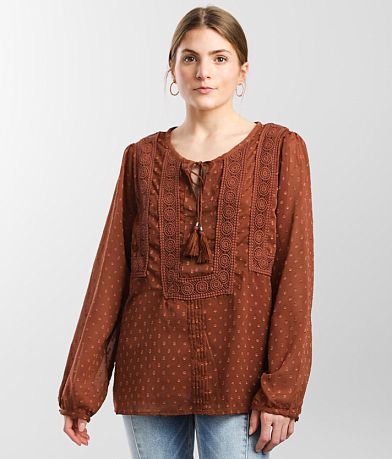 Miss Me Split Neck Swiss Dot Blouse FULL_RIGHT_SIDE