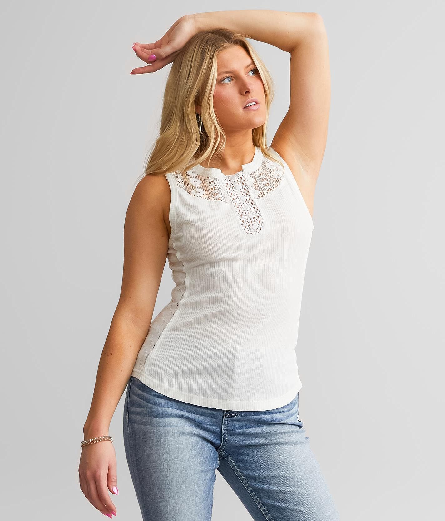 Miss Me Pieced Lace Henley Tank Top - Women's Tank Tops in