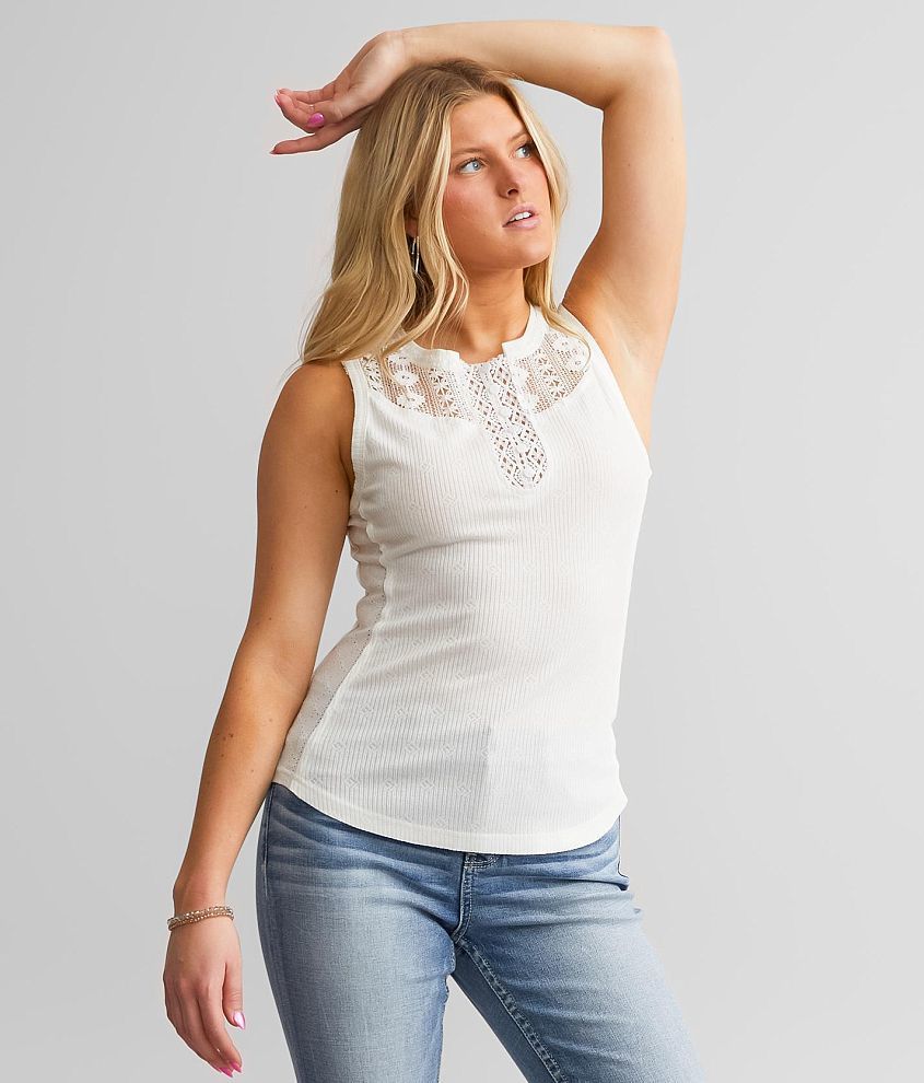 Miss Me Pieced Lace Henley Tank Top - Women's Tank Tops in White