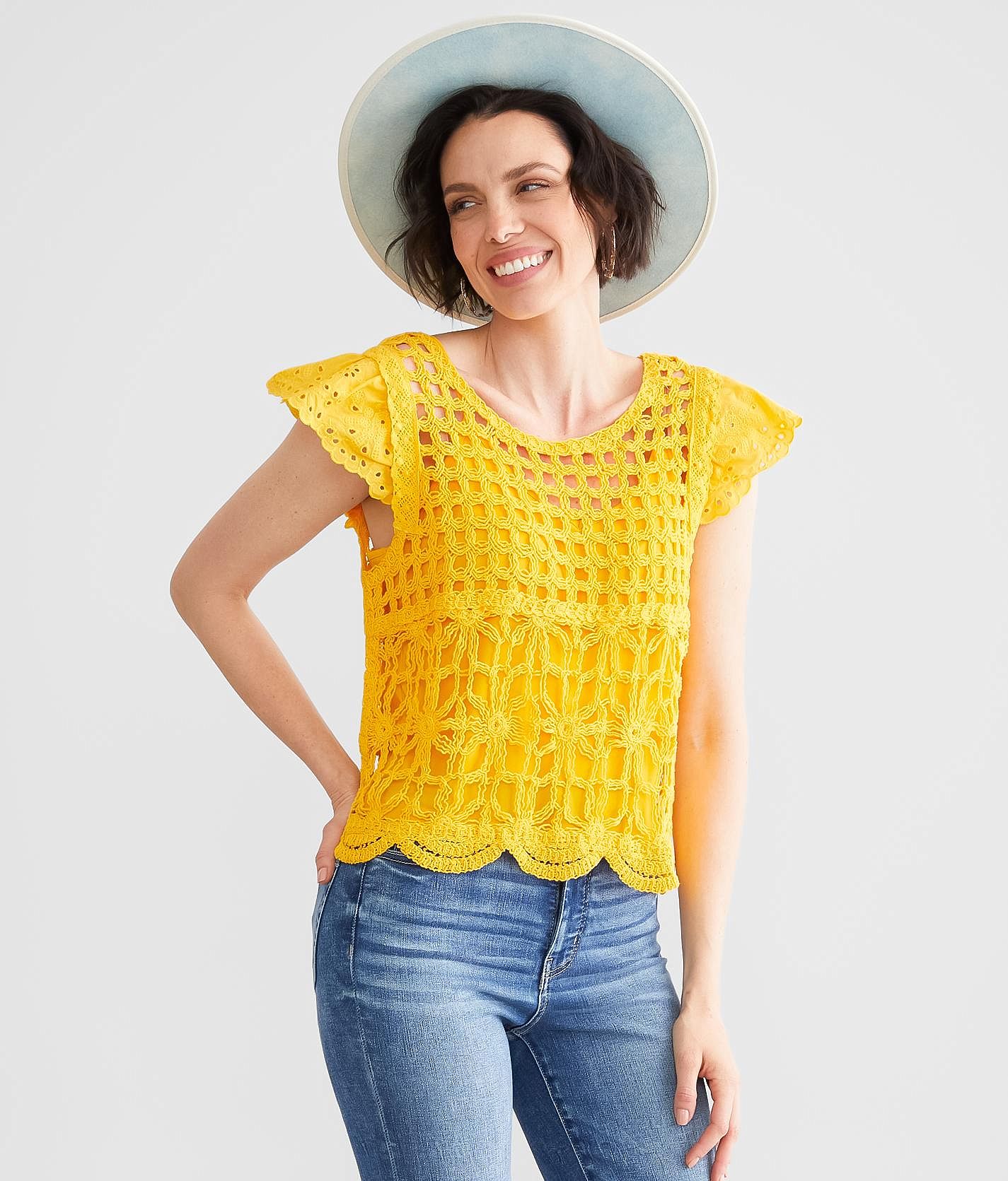 Miss Me Crochet Overlay Shirts/Blouses | Women\'s Top in Yellow Buckle - Mustard
