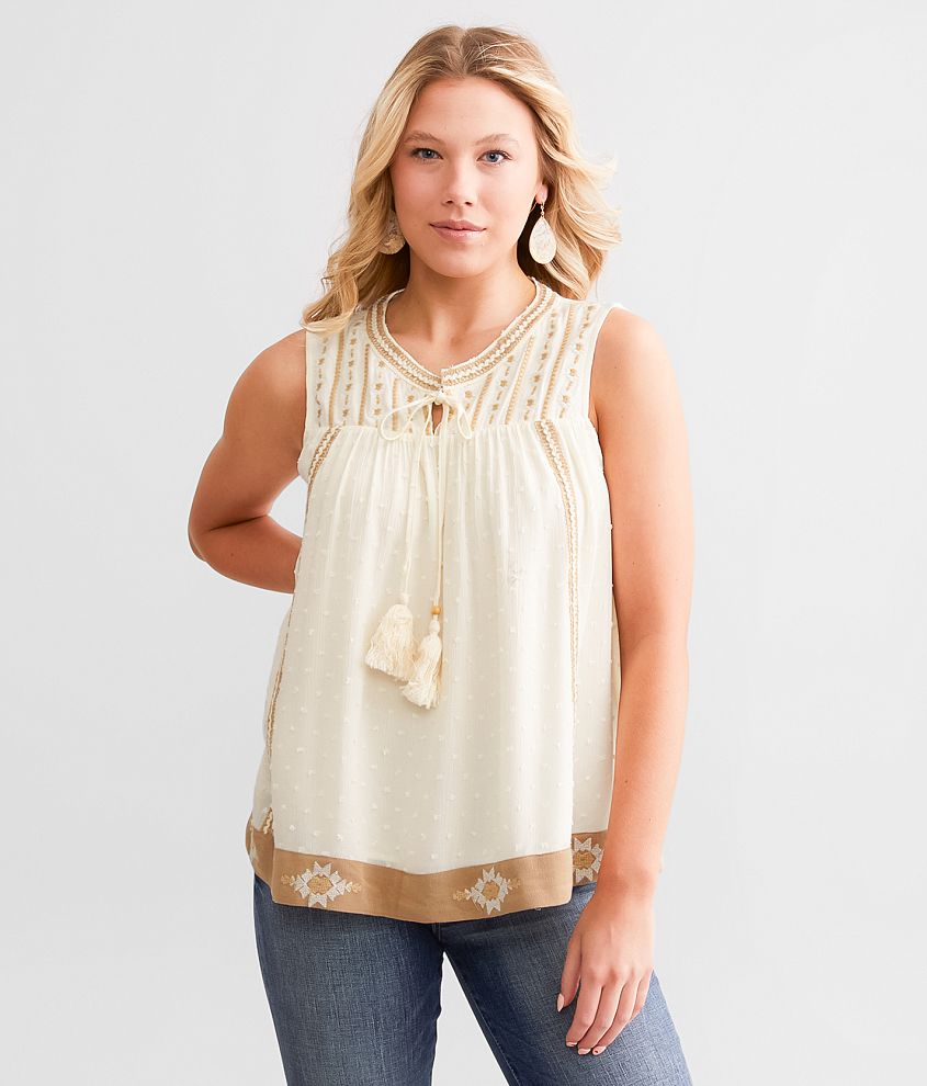 Miss Me Nubby Floral Embroidered Tank Top - Women's Tank Tops in Ivory