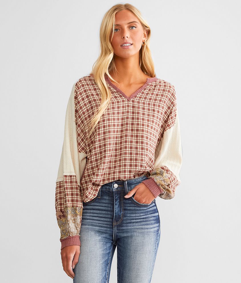 Miss Me Plaid Patchwork Top front view