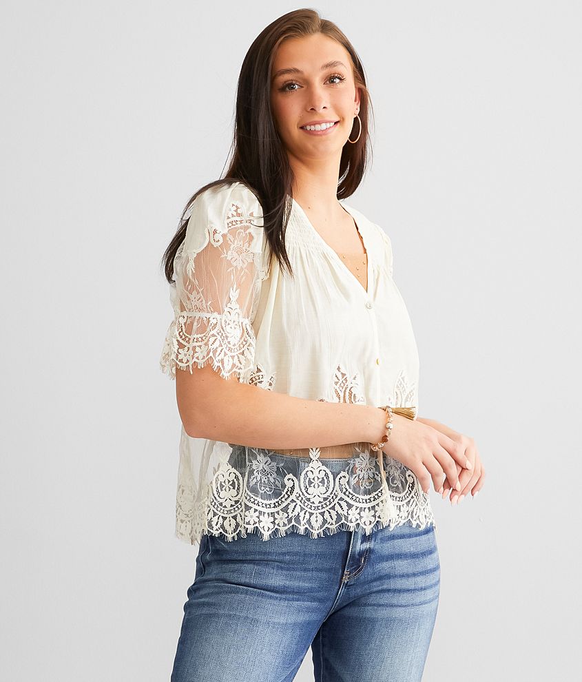 Miss Me Floral Eyelash Lace Blouse - Women's Shirts/Blouses in