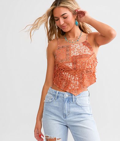 Miss Me Crochet Fringe Hanky Hem Tank Top front view