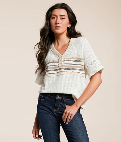 Miss Me Striped Henley Sweater front view