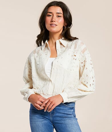 Miss Me Mixed Crochet Shirt front view