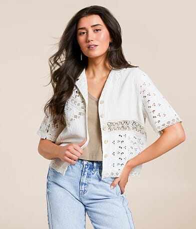 Miss Me Pieced Crochet Shirt front view