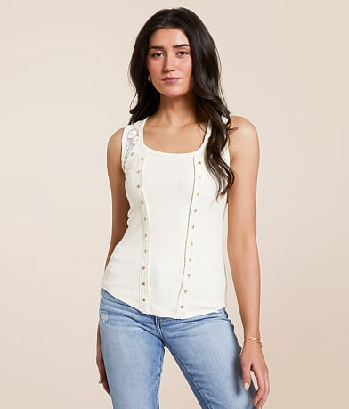 Miss Me Rhinestone Ribbed Tank Top front view