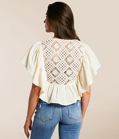 Miss Me Crochet Lace-Up Ruffle Top BACK