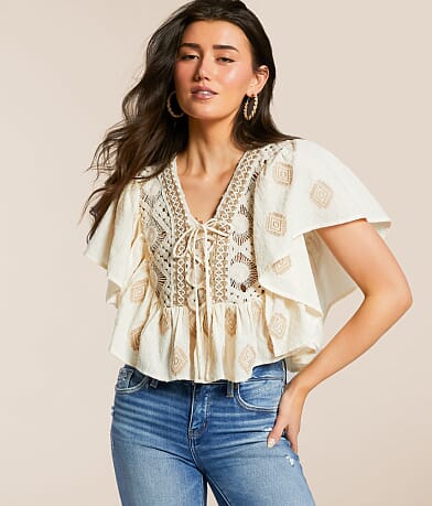 Miss Me Crochet Lace-Up Ruffle Top front view