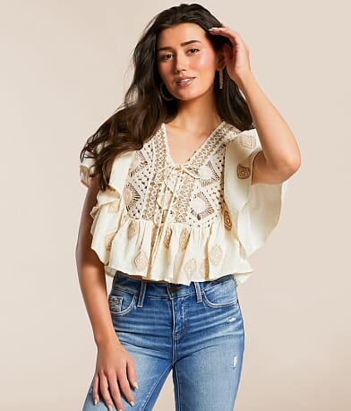 Miss Me Crochet Lace-Up Ruffle Top FULL_RIGHT_SIDE