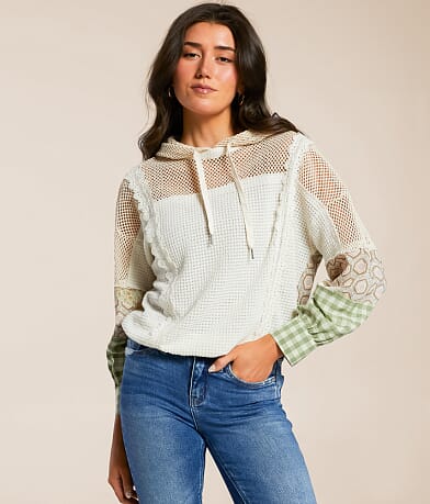 Miss Me Pieced Crochet Hoodie front view