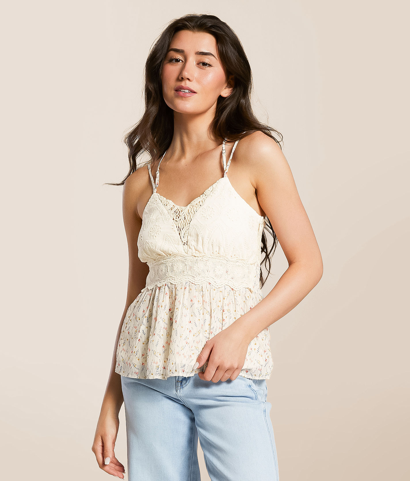 Miss Me Floral Eyelet Tank Top - Women's Tank Tops in Multi Ivory