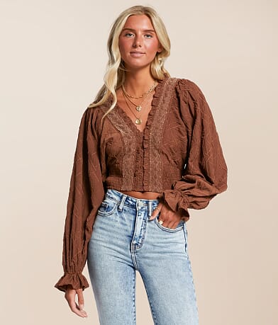Miss Me Embroidered Ruffle Top front view