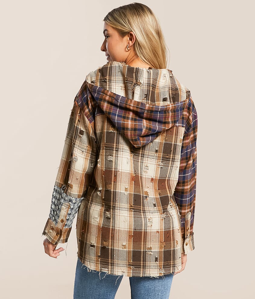 Pieced Plaid Hooded Shacket - thumbnail 3