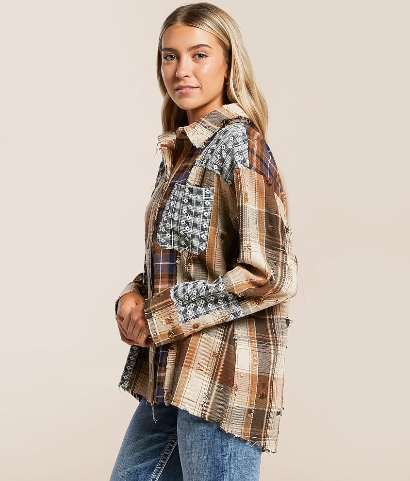 Pieced Plaid Hooded Shacket - thumbnail 4