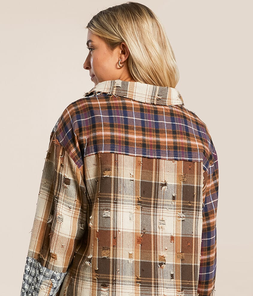 Pieced Plaid Hooded Shacket