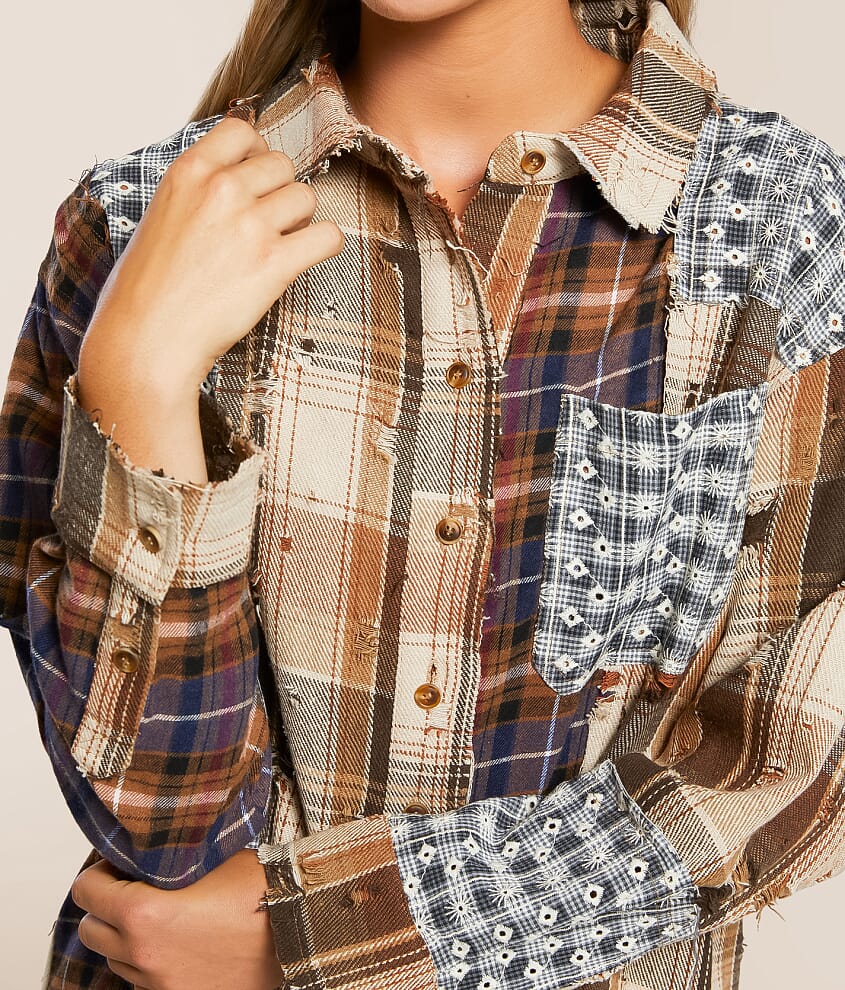 Pieced Plaid Hooded Shacket