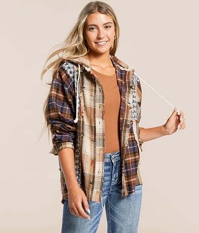 Miss Me Pieced Plaid Hooded Shacket front view