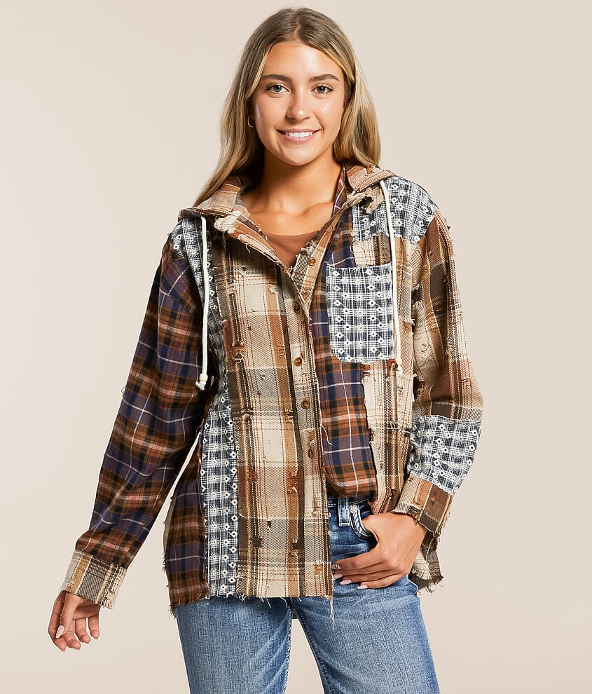 Pieced Plaid Hooded Shacket - thumbnail 2