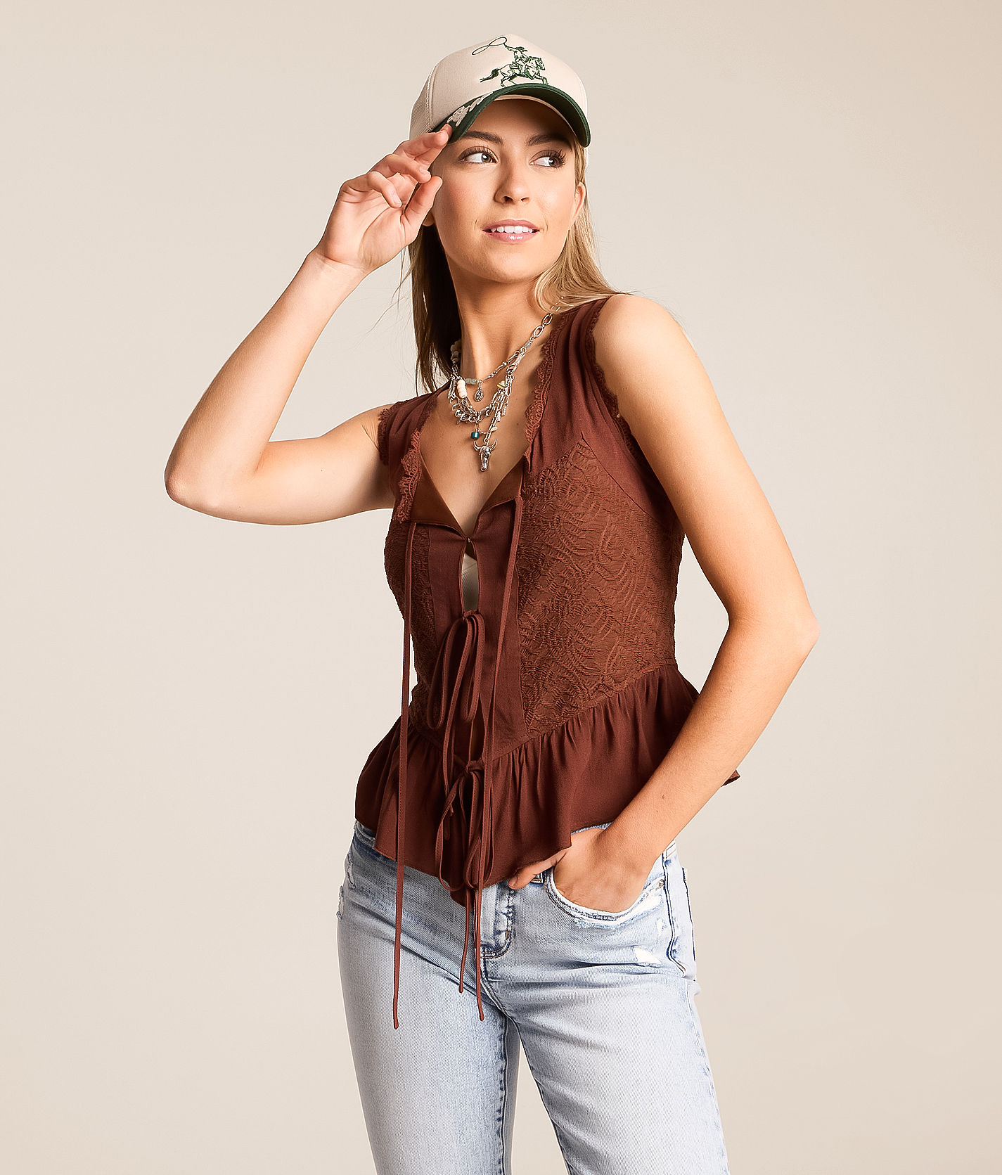 Miss Me Front Tie Tank Top - Women's Tank Tops in Copper Brown