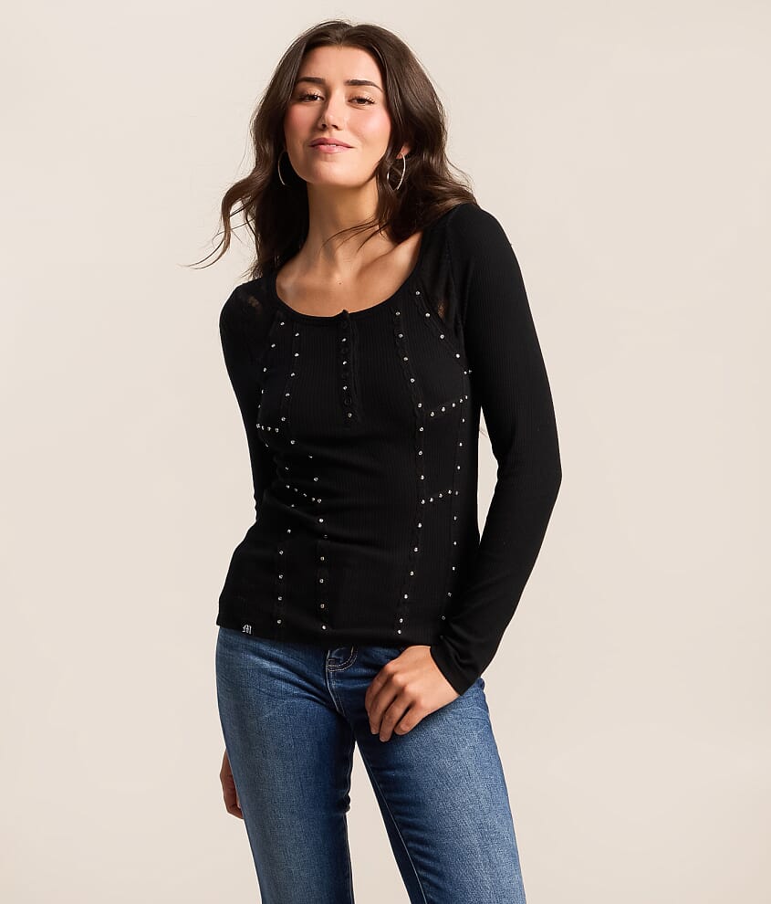 Rhinestone Ribbed Henley