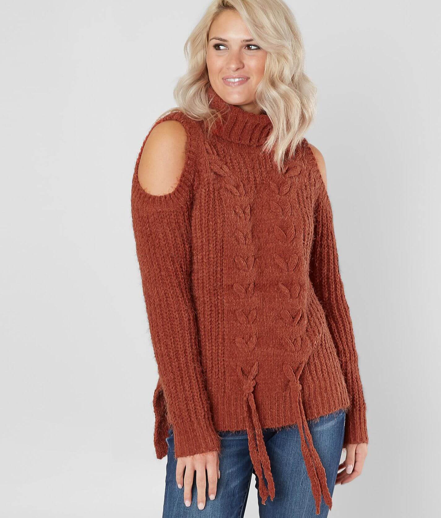 Miss Me SMSW1085L Rust Brown Lace Up Cold Shoulder Turtleneck Sweater 
