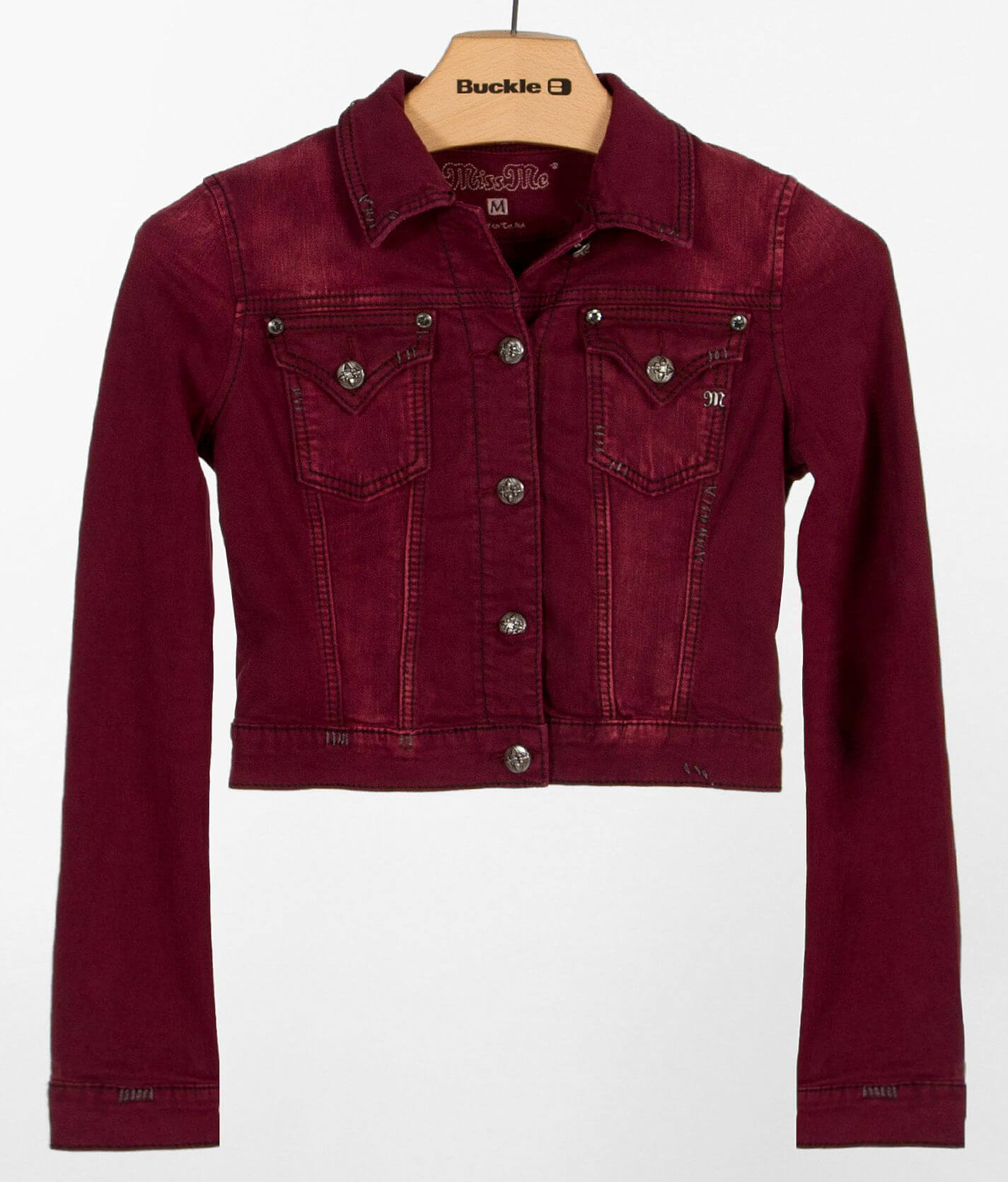 Miss Me Denim Jacket Women's Coats Jackets in Burgundy Buckle