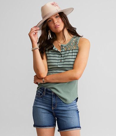 Miss Me Henley Crochet Tank Top front view