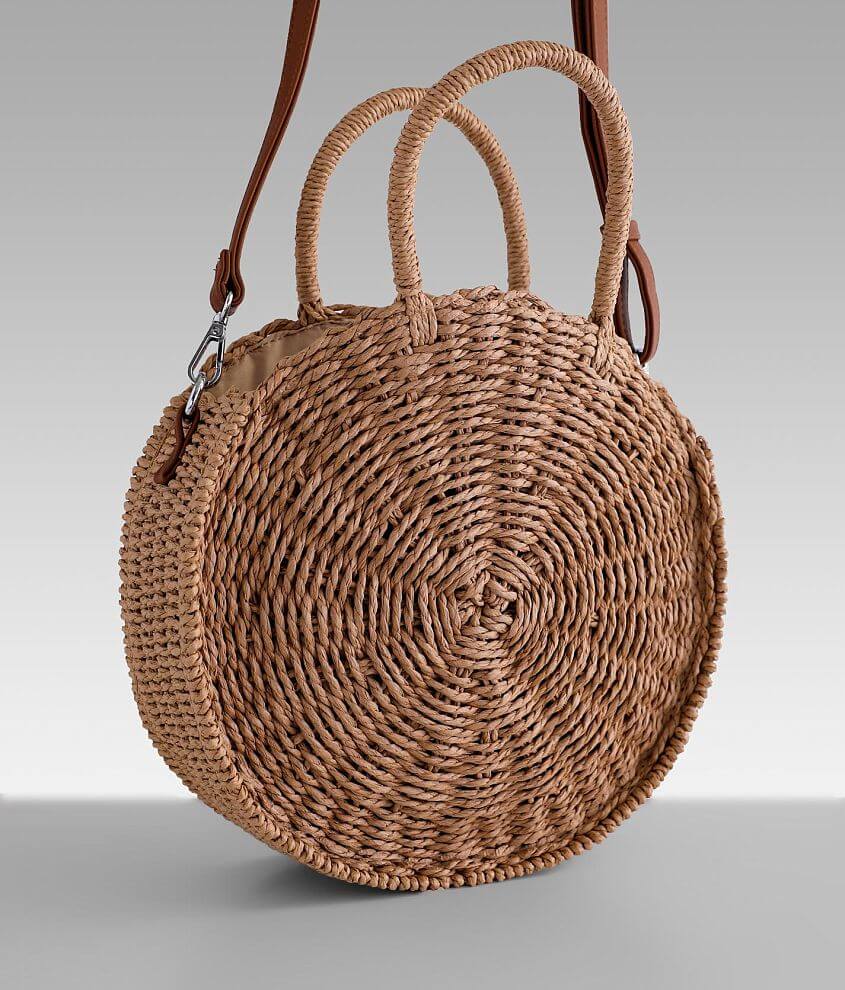 Round Weaved Straw Crossbody Purse Women's Bags in Camel Buckle