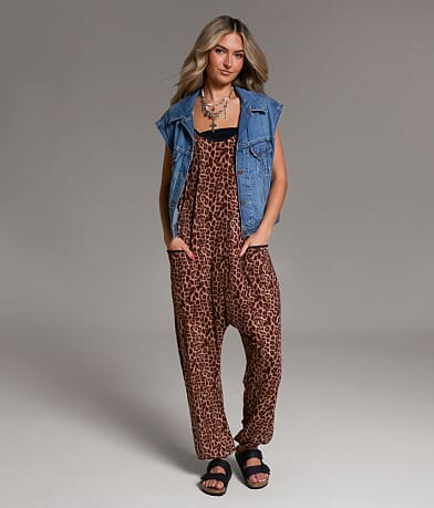 BKE Cheetah Ribbed Jumpsuit front view