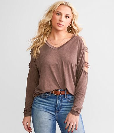 BKE Strappy Cold Shoulder Top front view