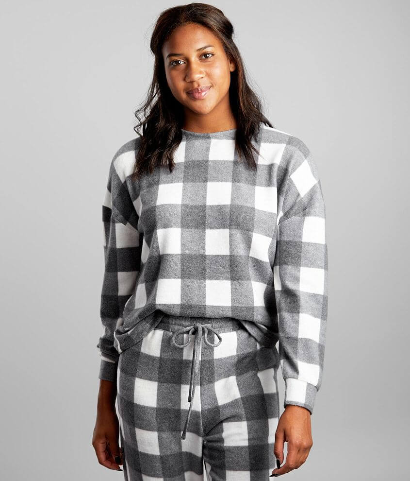 BKE Brushed Buffalo Plaid Pullover Women s Sweatshirts in Grey White Buckle