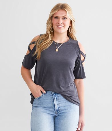 BKE Strappy Cold Shoulder Top front view