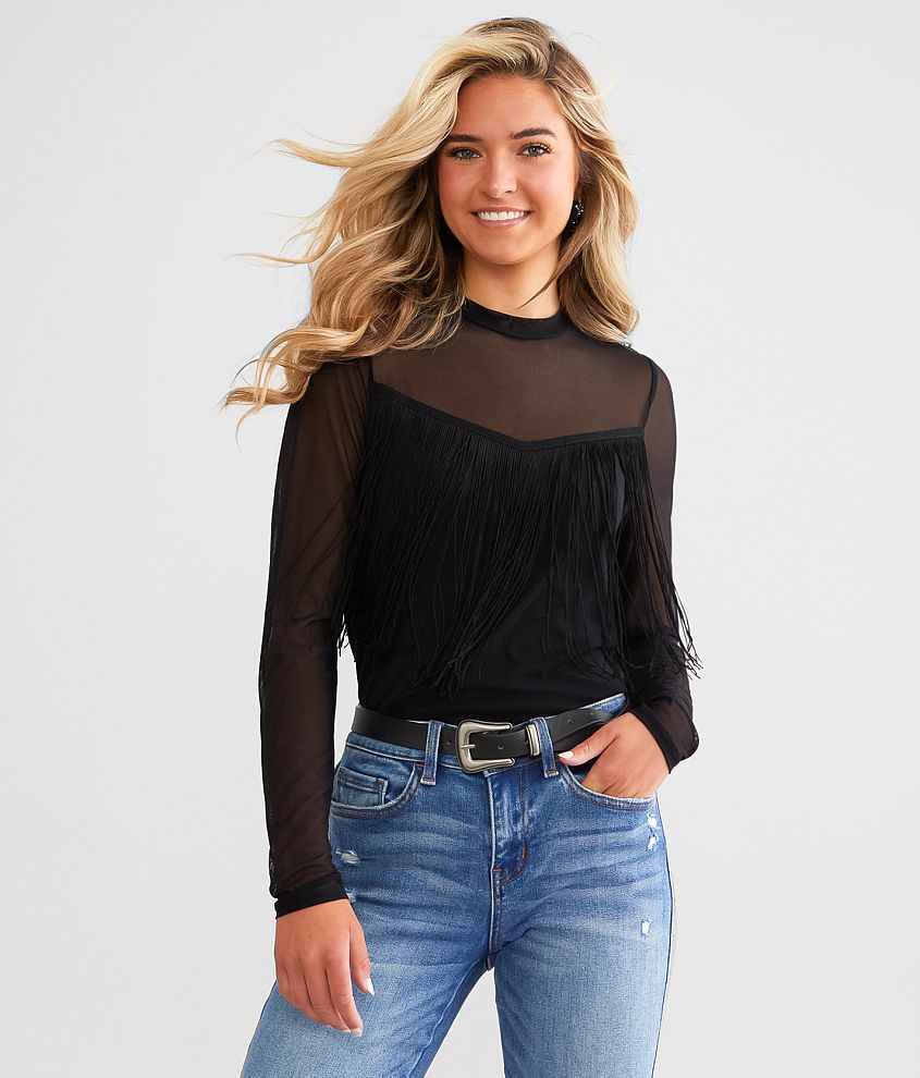 Willow & Root Mesh Fringe Top - Women's Shirts/Blouses in Black