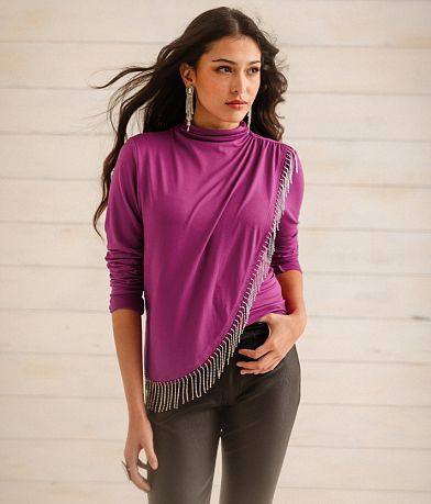 Sterling & Stitch Rhinestone Fringe Top front view