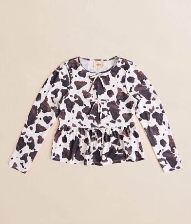 Sterling & Stitch Girls - Brushed Cow Print Peplum Top front view