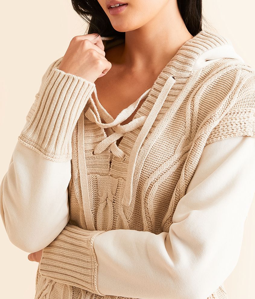 Cable Lace-Up Hooded Sweater