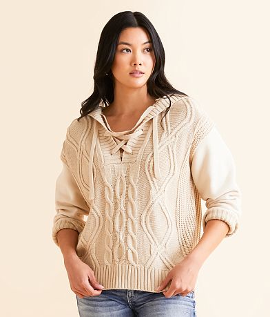 BKE Cable Lace-Up Hooded Sweater front view