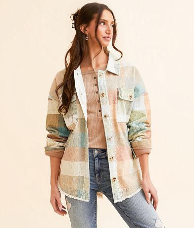 BKE Checkered Corduroy Oversized Shacket front view