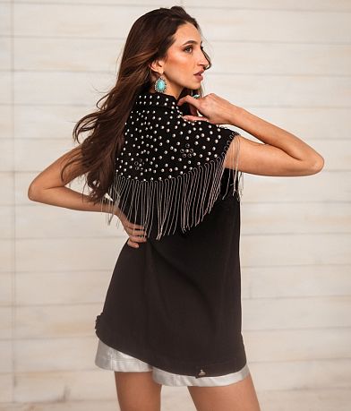 Sterling &amp; Stitch Fringe Oversized Denim Vest BACK