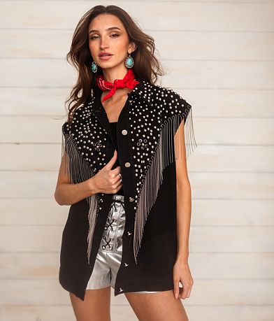 Sterling &amp; Stitch Fringe Oversized Denim Vest FULL_LEFT_SIDE