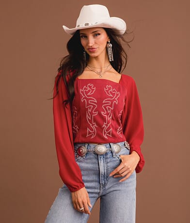 Sterling & Stitch Boot Stitch Faux Suede Cropped Top front view