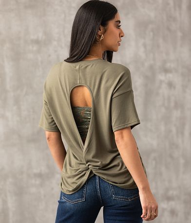 Buckle Black Twisted Open Back Top front view