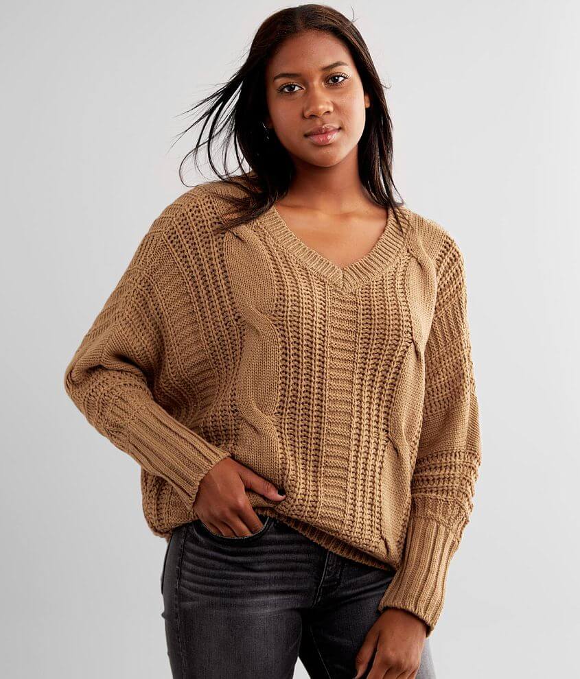 BKE V-Neck Cable Knit Pullover Sweater - Women's Sweaters in Taupe