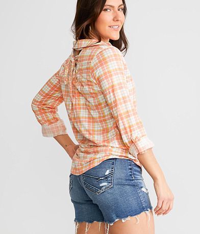 Modish Rebel Back Lace-Up Plaid Shirt front view