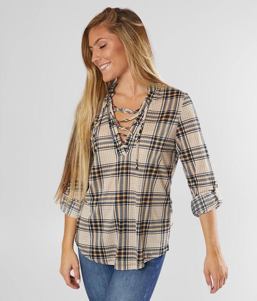 plaid lace up top