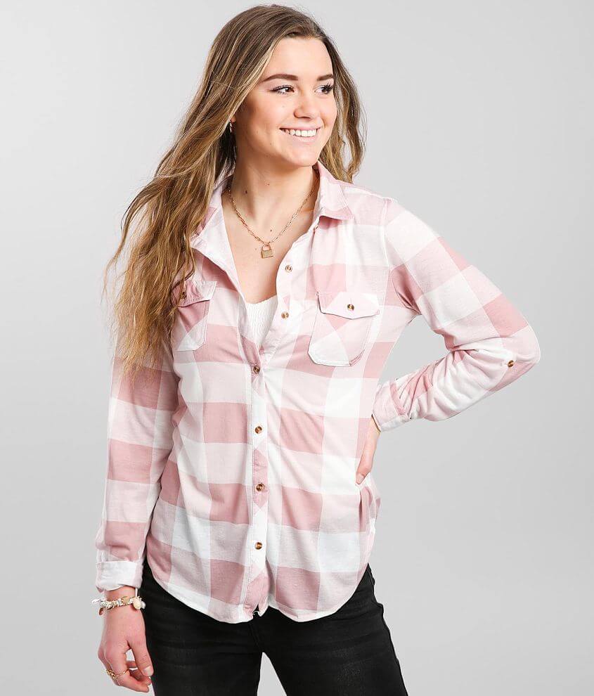 Passport Knit Plaid Shirt - Women's Shirts/Blouses in Ivory Blush