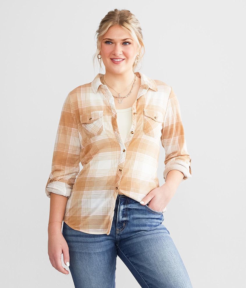 Modish Rebel Plaid Shirt - Women's Shirts/Blouses in Beige Cream Pink