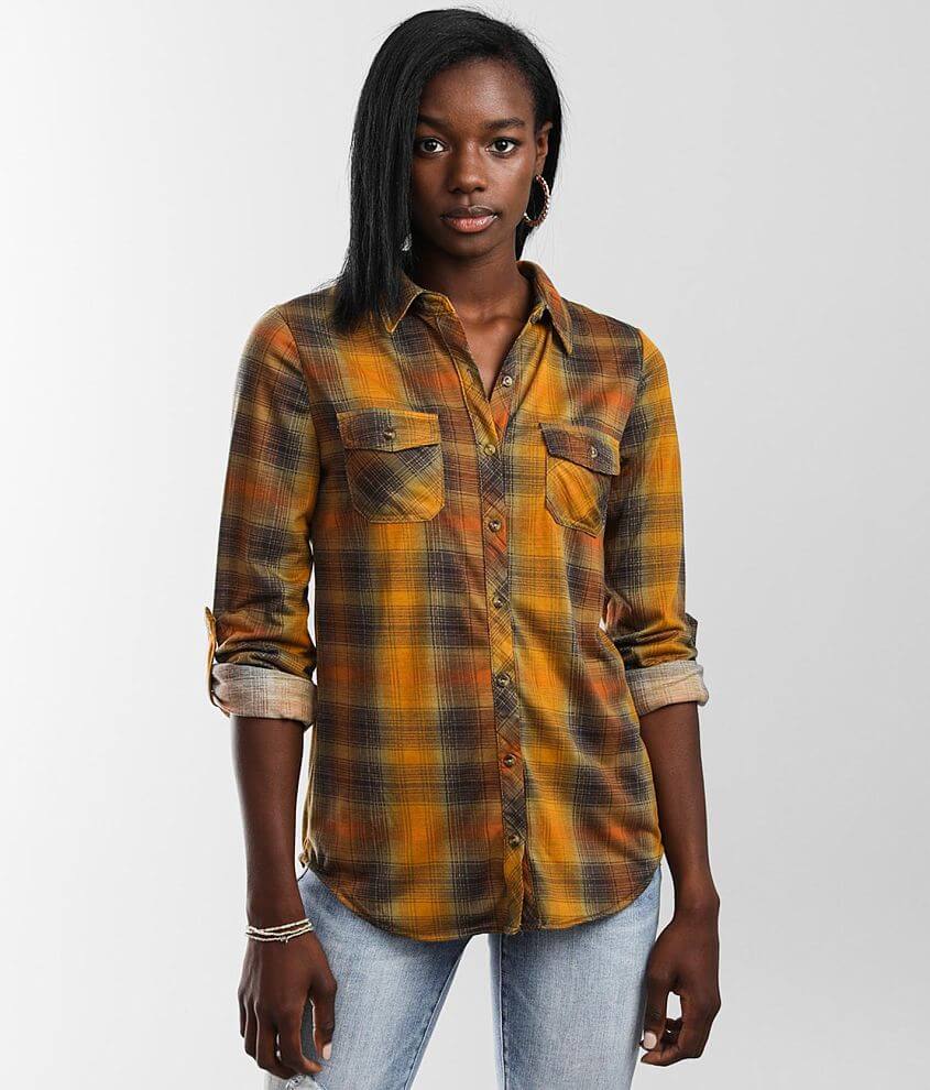 Passport Plaid Knit Shirt - Women's Shirts/Blouses in Rust Mustard